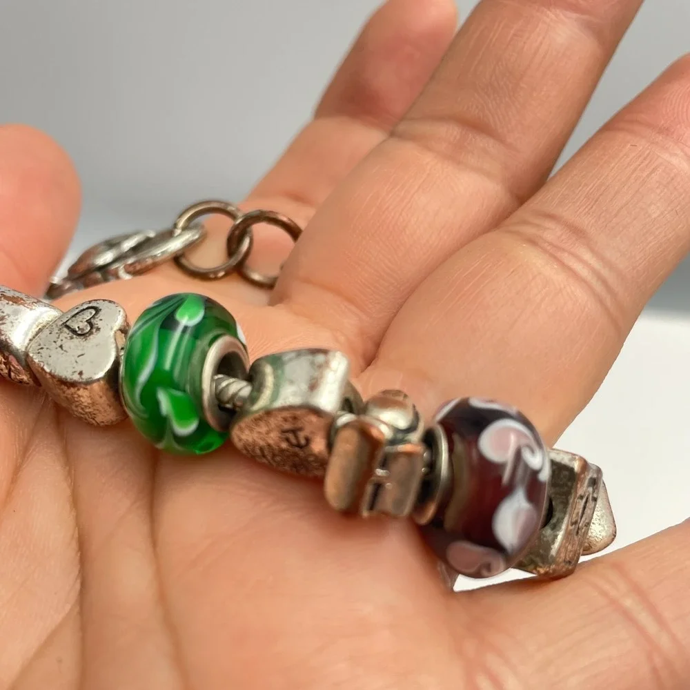 Vintage Y2K Silver Charm Bracelet Beaded Faith Hope Love Religious Jewelry Retro